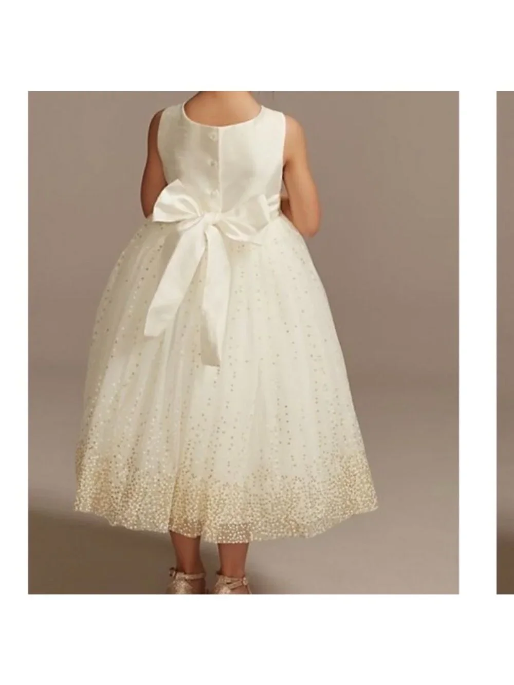 David’s Bridal Girls 4 Tulle Tea Length Gold Glitter Flower Girl Formal Dress - Picture 2 of 10
